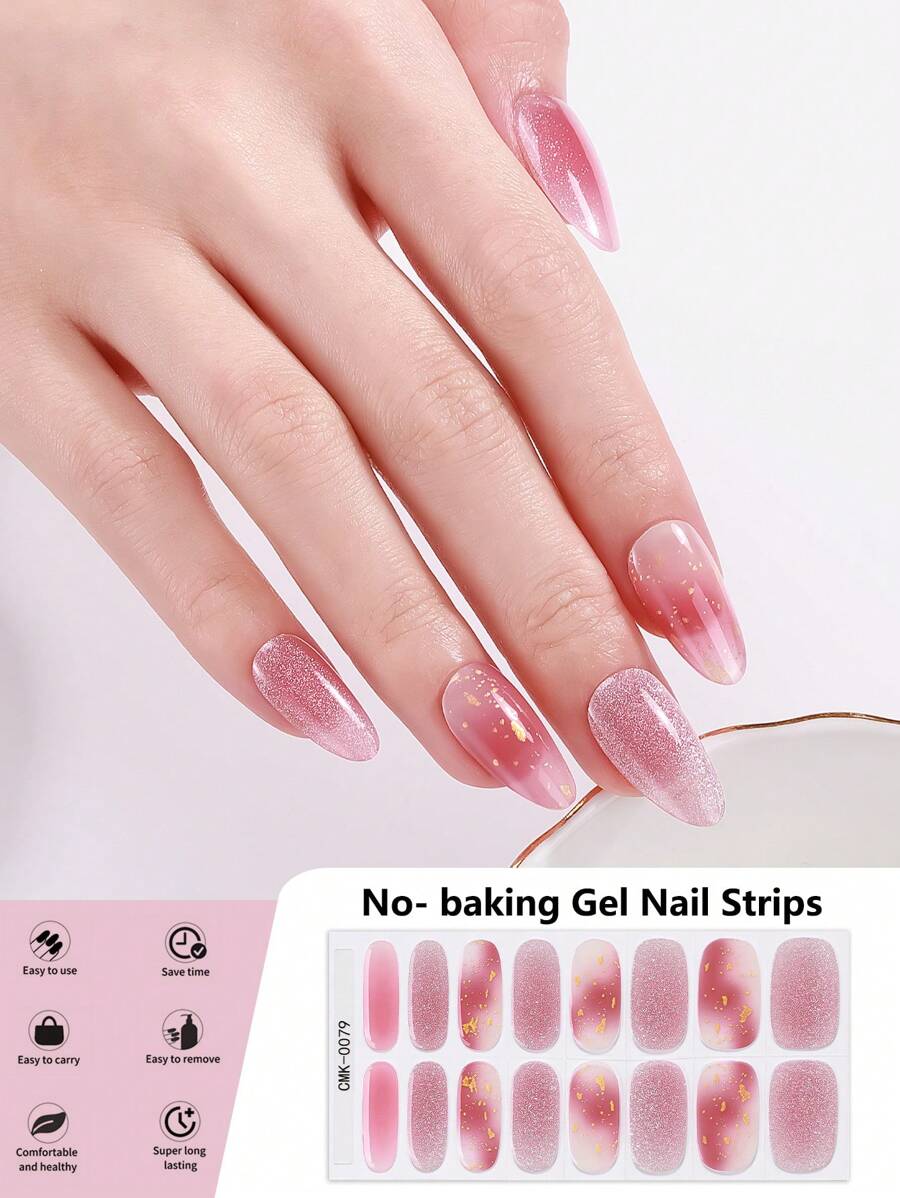 16pcs No Bake Gel Nail Stickers, Spring/Summer New Pink Fine Glitter Shiny Crystal Short Nail Self-Adhesive Full Nail Film, UV Glossy, Easy To Apply And Remove, Suitable For Women And Girls Daily DIY Use Nail Art Supplies