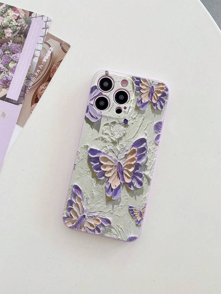 1pc Soft Protective Phone Case With Painting Butterfly Pattern, Suitable Compatible With Apple/Redmi/VIVO/OPPO, Light Purple