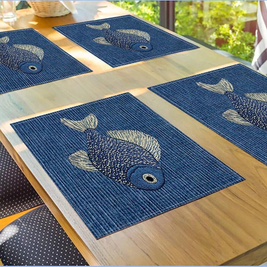 4 Piezas Mantel individual con patrón bordado de peces, antideslizante y sin arrugas de lino, adecuado para restaurante y decoración del hogar, ideal para bodas y aniversarios