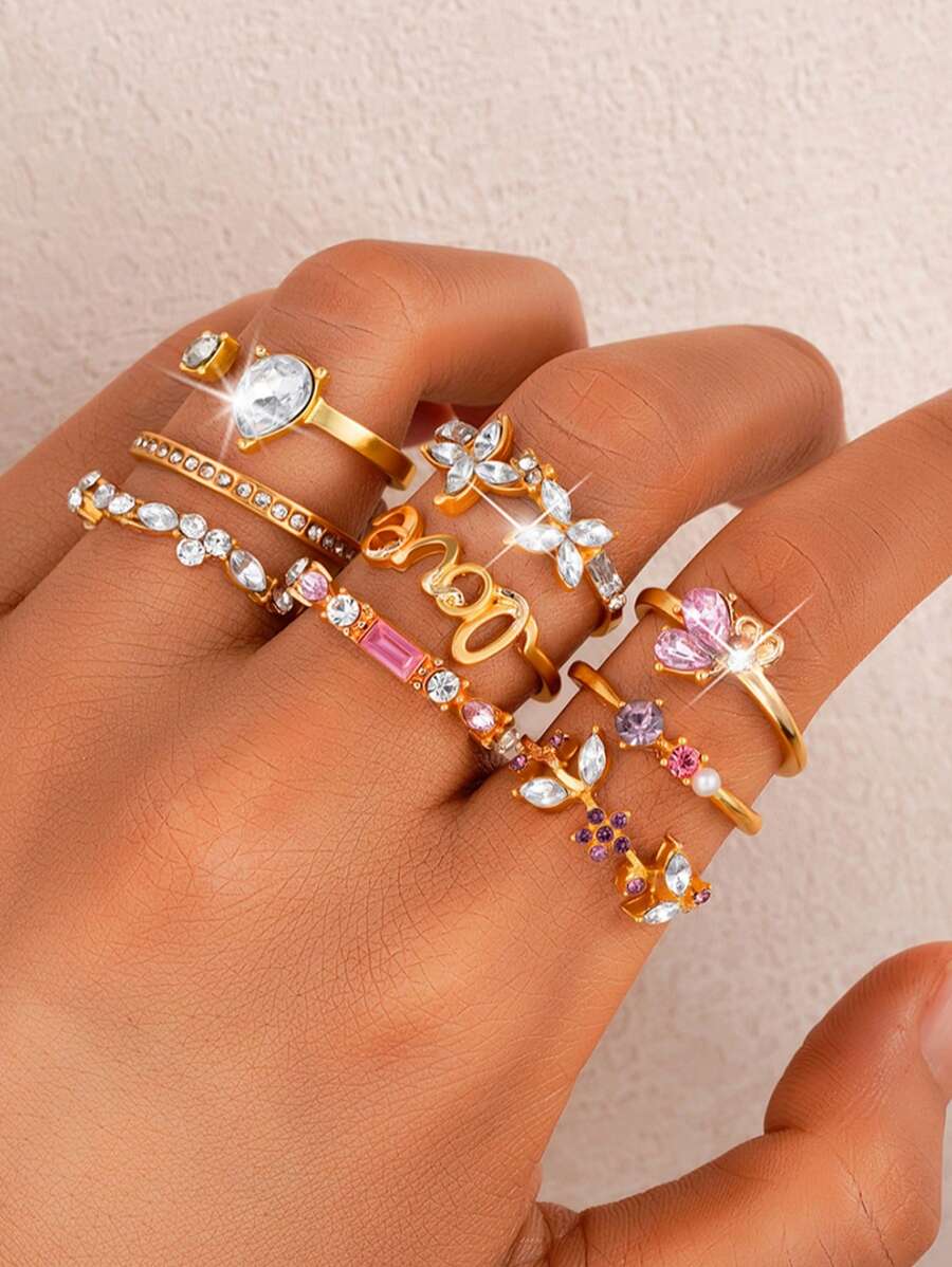 Conjunto de 9 peças (não ajustável) com anéis glamorosos de borboleta, flor, folha e strass para mulheres, perfeito para encontros, férias em resorts, festas de gala e uso diário