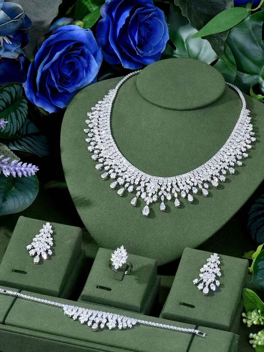 1 Set Elegant Cubic Zirconia Water Drop Decor Jewelry Set, Suitable As Anniversary Gift For Women