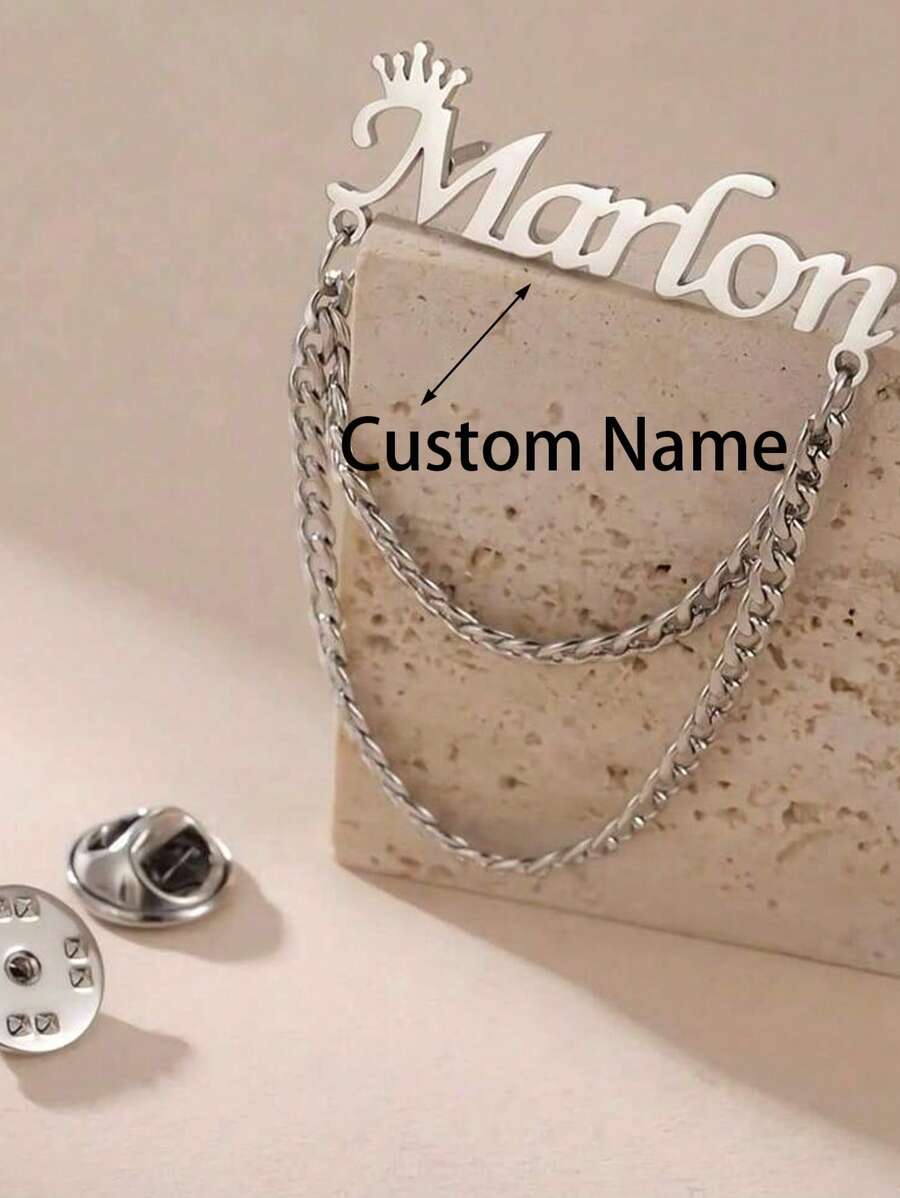 1pc Customized Elegant Crown Name Brooch Pin, Personalized Minimalist Stainless Steel Chain Lapel Pin Brooch For Men As Gifts For Boyfriend, Husband, Son, Father And Unisex Fashionable Jewelry