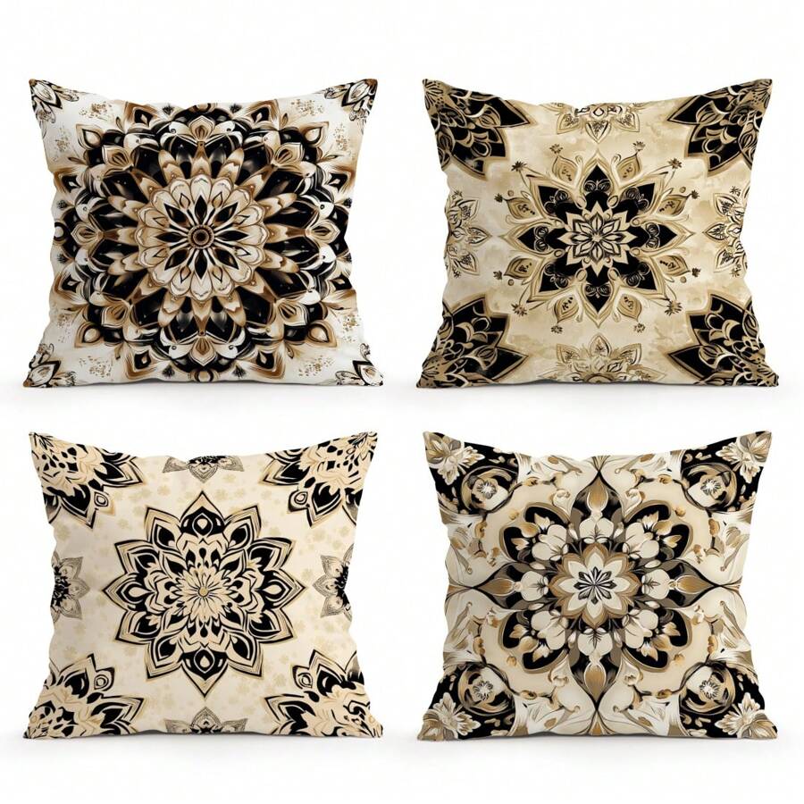 4pcs Mandala Print Decorative Cushion Cover Set, Single-Sided Printed Pillow Protector 45*45cm, Peach Velvet