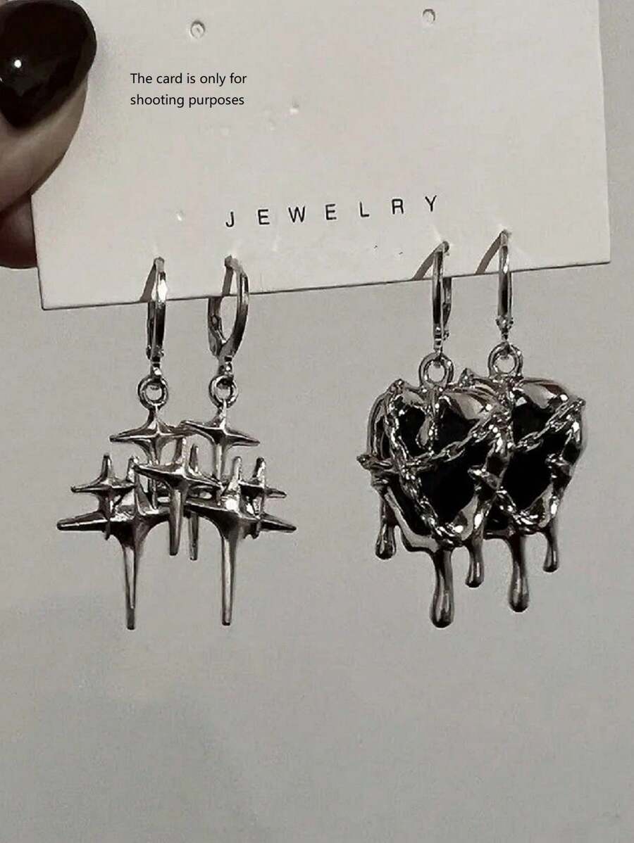 4pcs Y2K Goth Liquid Heart Star Pendant Earrings Women Zirconia Love Dangle Earring Gothic Irregular Tassel Earrings