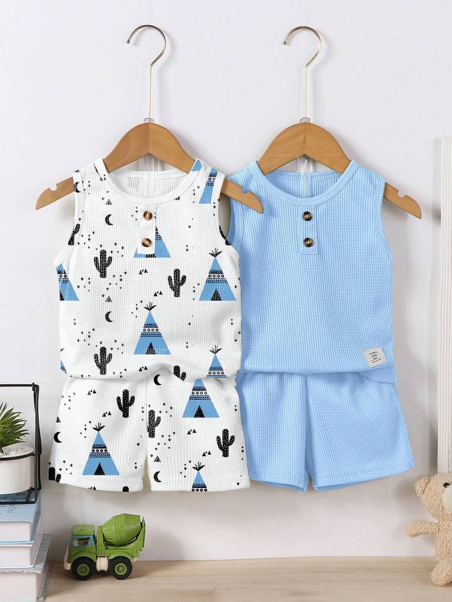 Set da 4 pezzi per neonato maschio, composto da canotta a fantasia di cactus e tinta unita in maglia waffle con collo tondo, più pantaloni, outfit casual di moda per l'estate