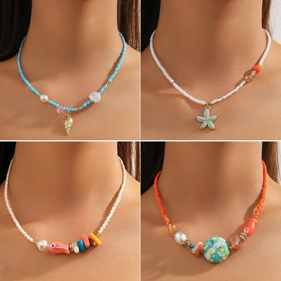 1 colar versátil de contas multicoloridas com estilo praiano e estrela do mar, conchas e elementos de peixe, ideal para mulheres, turistas, férias, viagens em ilhas, piqueniques, festivais de música de verão e festas na praia (cores e quantidades de contas aleatórias)