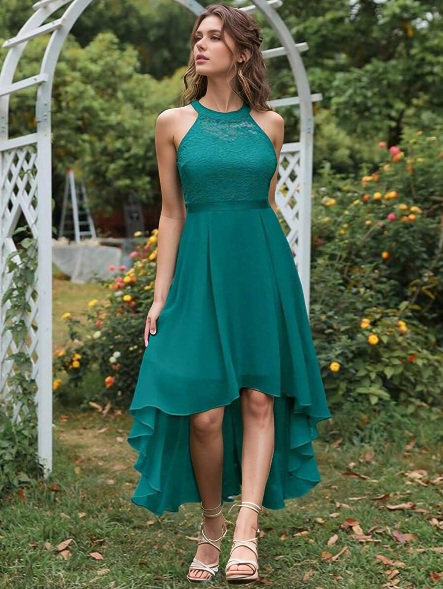 Abito in pizzo, abito da cocktail, scollo a V, lunghezza media, decorazione con cintura, scollatura, pizzo, abito da sera, temperamento, moda elegante, a strati
