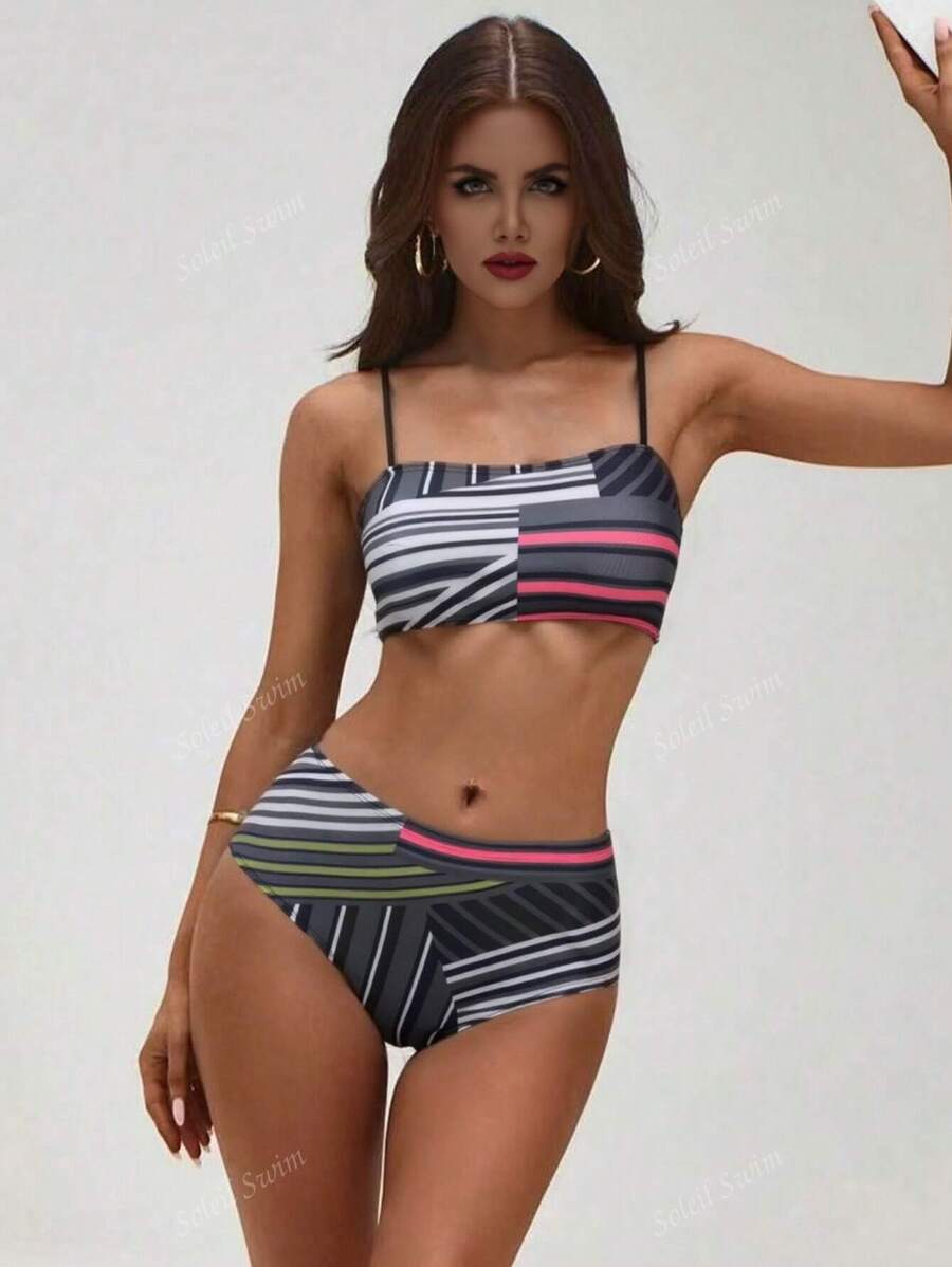 Maillot de bain imprimé fendu avec col ras-du-cou pour femme, adapté pour les vacances et les fêtes