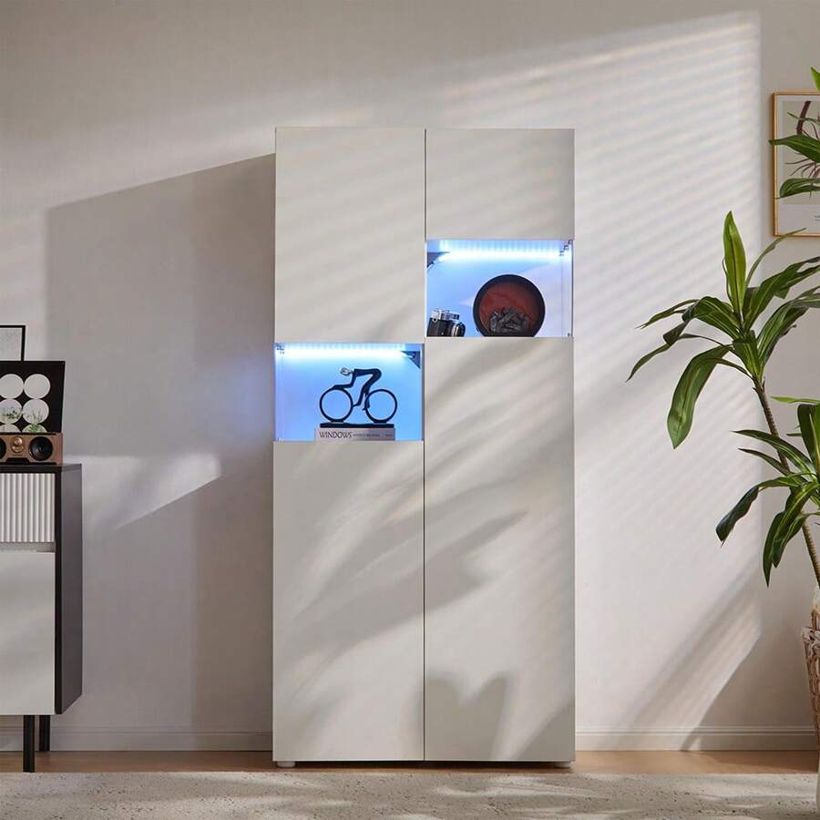 KOMHTOM Vetrina alta bianca con vetro acrilico • Mobile moderno multiuso per soggiorno/ufficio/cucina • Vetrina indipendente con spazio di archiviazione aperto • Dimensioni 80*38*170 cm (L*P*A)