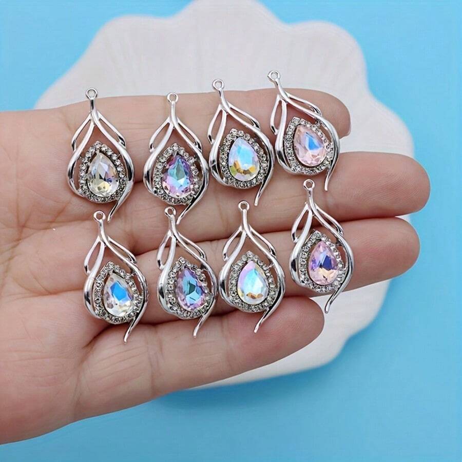 8 pièces Ensemble de charms feuille éblouissants en rose, blanc et violet - Pendentifs en alliage de zinc réactifs aux UV pour fabrication de bijoux DIY, fournitures pour la confection de boucles d'oreilles et de bracelets plaqués argent