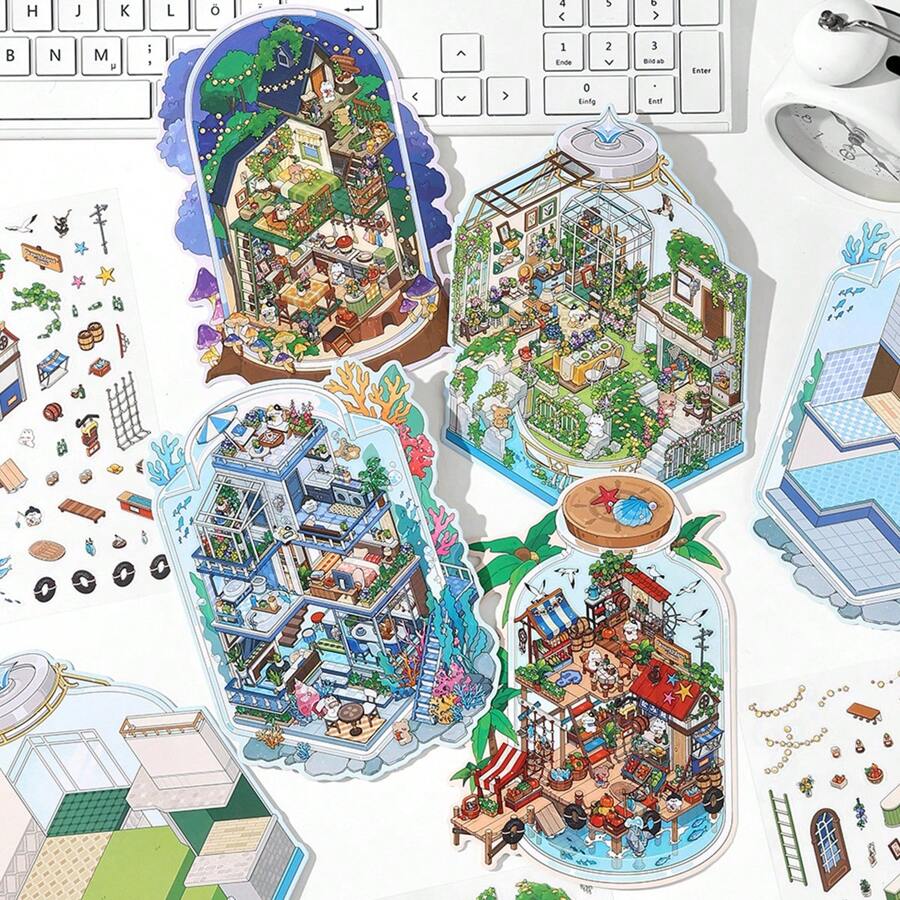 3D niedliche Tier Himmel Ozean Miniatur Szene Aufkleber, DIY Landschaftsaufkleber, Kabineszene zum Stapeln, Geschenk für Kinder, Schulmaterialien, Schulanfang