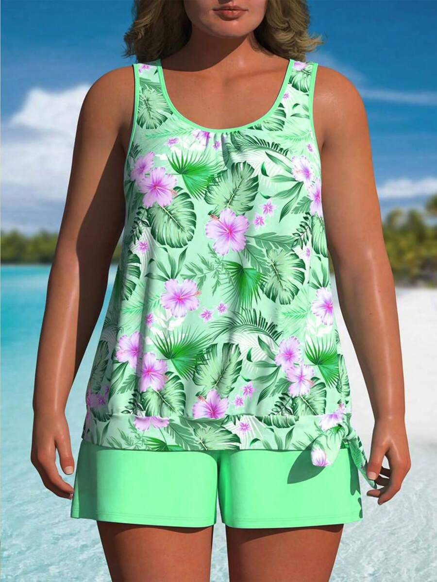 Plus Size Women's Tankini Set Tank Top&Shorts Green Plants, Leaves, Flowers Floral Print