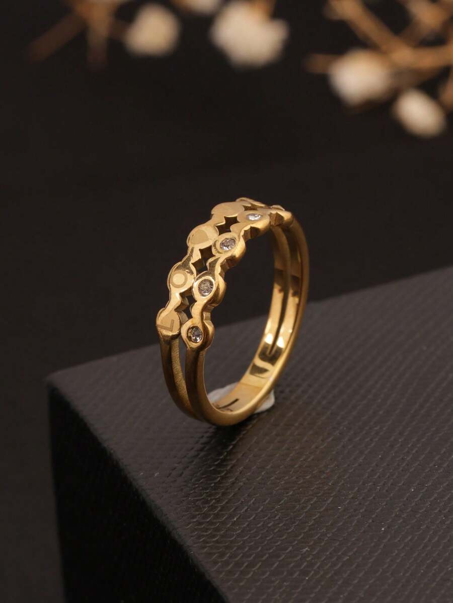 1pc 18K Gold Plated Hollow LOVE Design Micro-Inlaid Cubic Zirconia Ring, Versatile And Fashionable, Suitable For Women To Wear Daily To Work, Commute, Outing, Gift For Girlfriend Or Wife