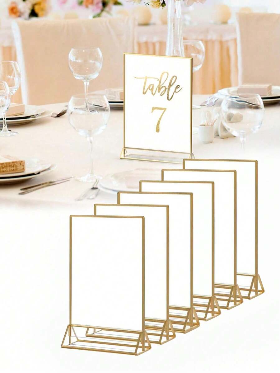 6Pack Acrylic Sign Holder With Gold Frames And Vertical Stand, Ideal For Display Wedding Table Numbers, Double Sided Picture, Clear Photos, Menu Holders