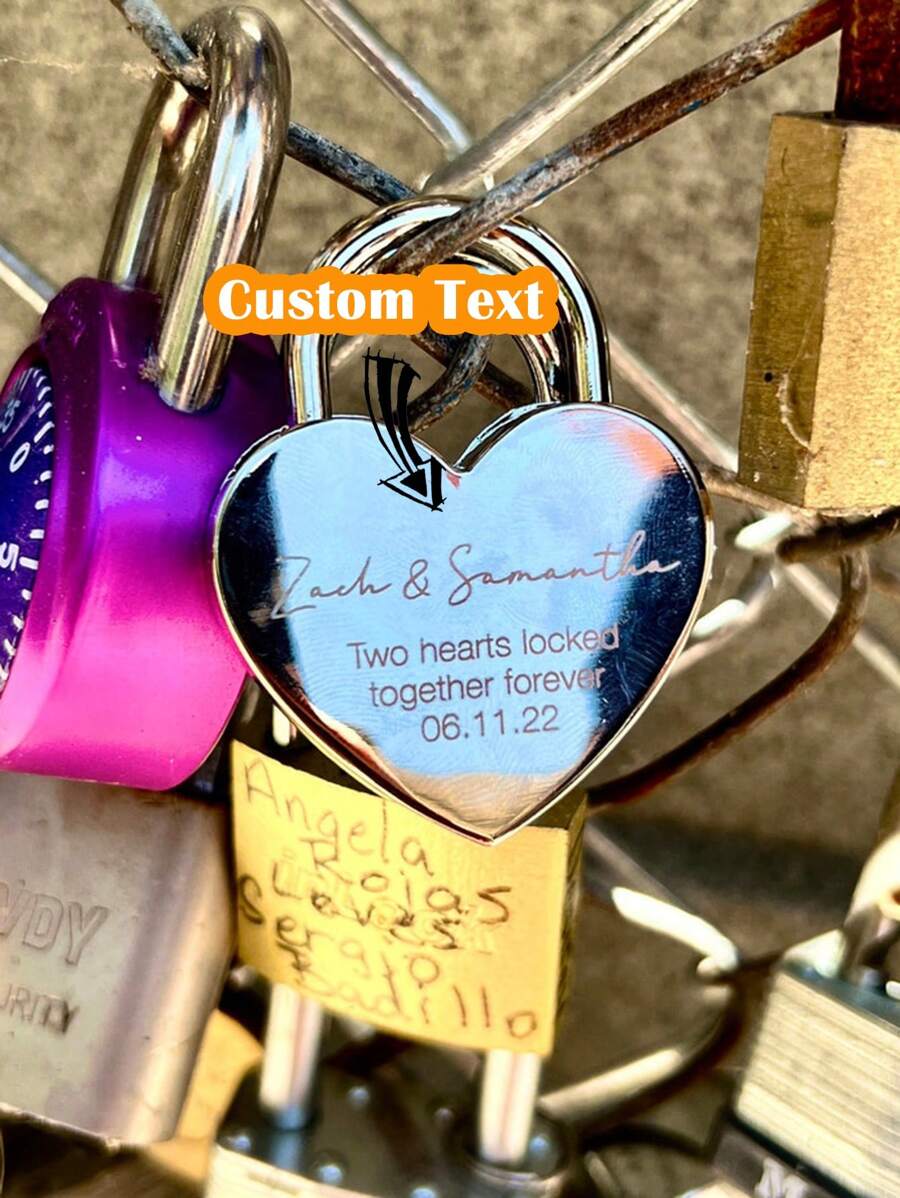 1pc Custom Padlock, Two Hearts Locked In Love, Personal Heart Lock, Wedding Gifts, Anniversary Gift For Boyfriend, Engraved Gift For Boyfriend, Engraved Heart Love Lock With Key
