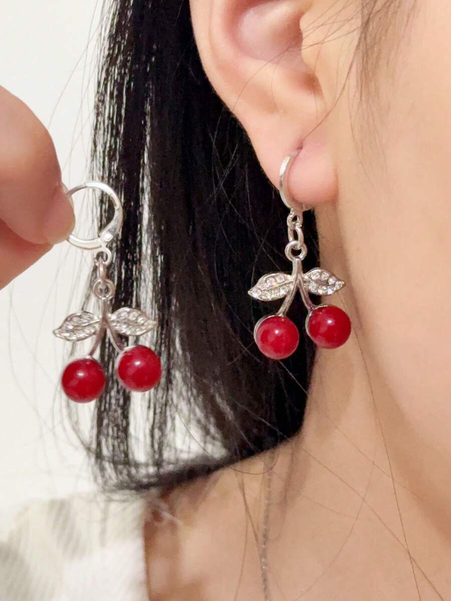 1 Paio di orecchini a fiore di ciliegio con zirconi cubici, orecchini a forma di ciliegia rossa della serie Frutta Dolce, orecchini alla moda unici adatti a uso quotidiano e occasioni di festa per le donne