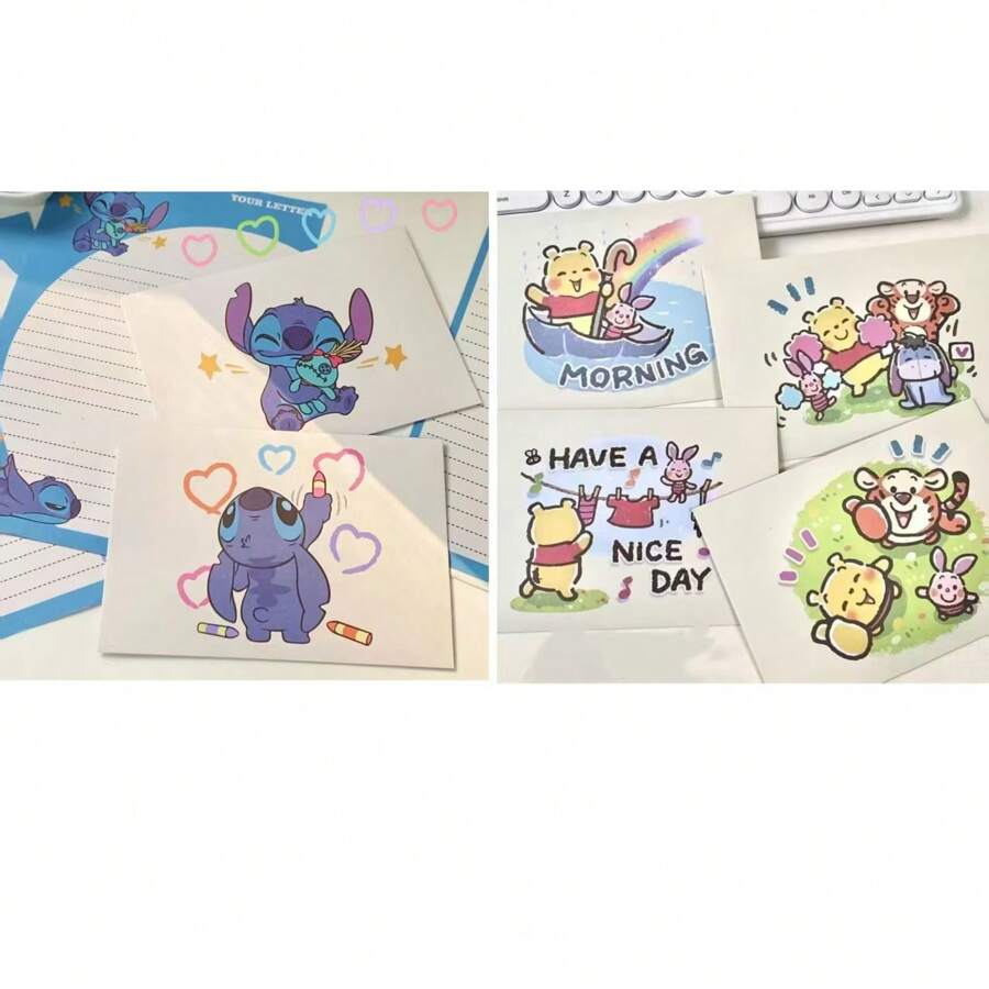 Disney Disney Stitch & Teddy Bear Envelope With Letter Paper Set, Stylish Student Handwritten Birthday Card & Romantic Greeting, Luxury Gift, School Supplies,Back To School