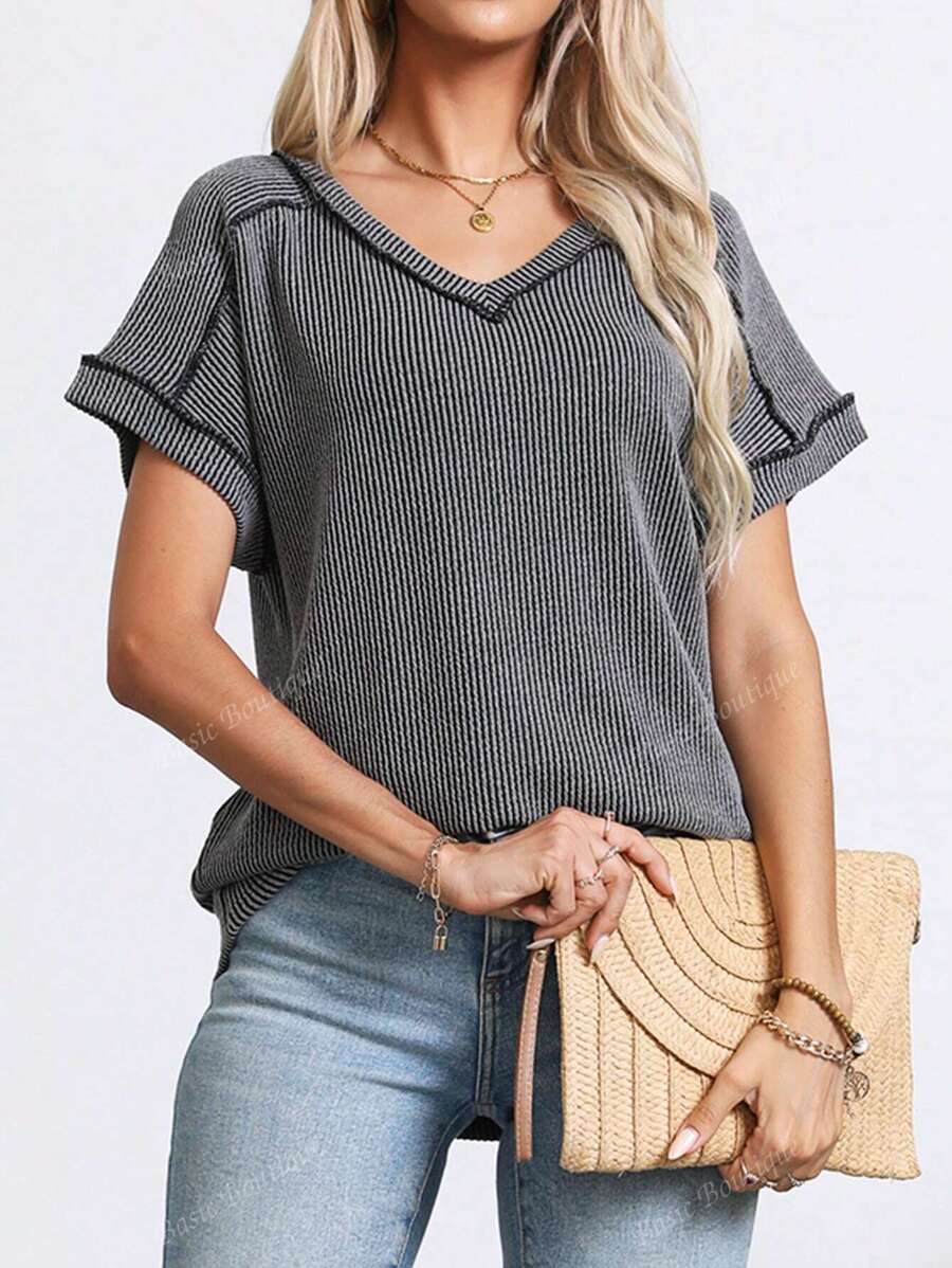 Plus Size Women's Summer Tops V Neck T-Shirt Ribbed Cap Short Sleeve Casual Blouse