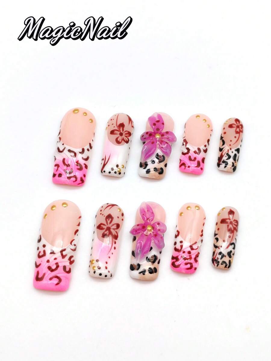 10 Pieces Of Pure Hand-Pressed Wearable Nail, Press On Nails,Nail Supplies,Nails Ptess On,Beach Essentials,33mm-Length Nail Pieces, Pink And White Contrasting Colors, Hand-Kneaded Raised Flowers With Pink Strokes