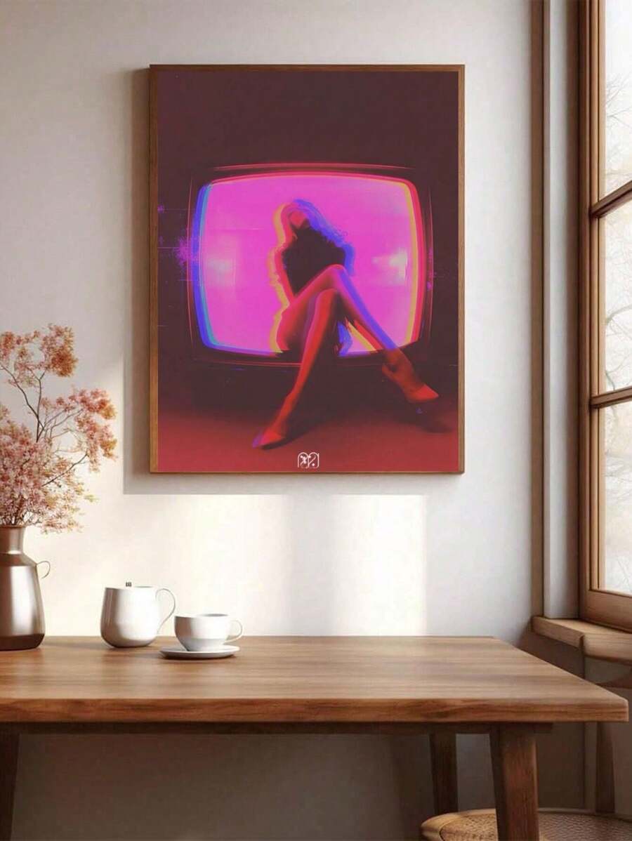 1pc Silhouette Of A Figure In Front Of The TV Screen Prints Canvas Painting "Silhouette In Front Of Neon Screen " Decor For Bedroom ,Living Room ,Office Room ,Wall Decor