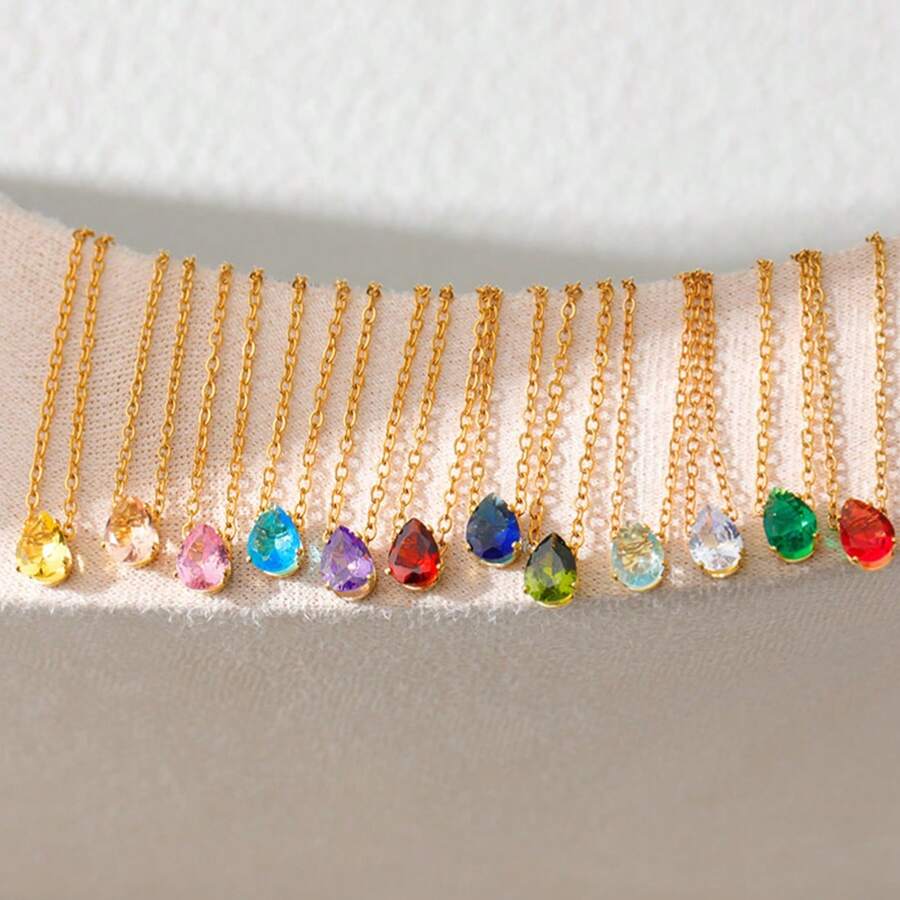 18K Gold Plated December Birthstone 7-Color Pear Zirconia Copper Pendant + Stainless Steel Gold Necklace, Christmas, Birthday, Valentine's Day Gift