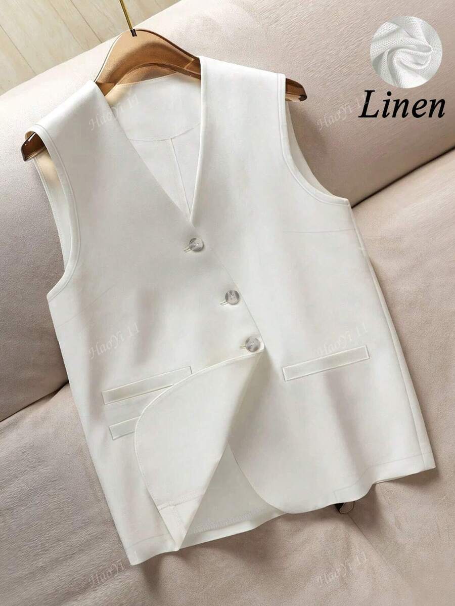 Blazer casual in lino con scollo a V asimmetrico monopetto e senza maniche, adatto per primavera/estate, da donna