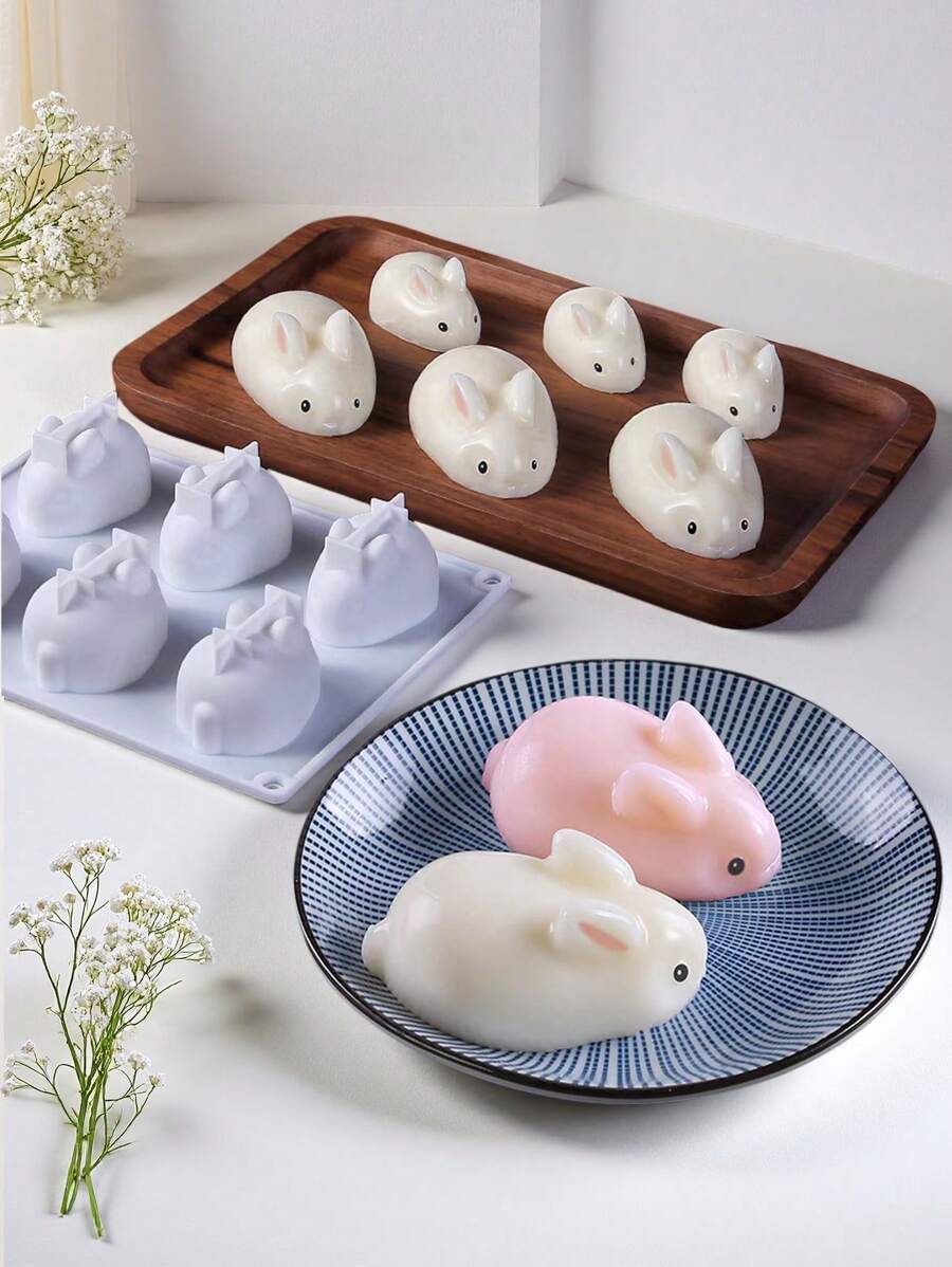 1 Set 6 Loch Hase förmige Gelee Pudding Dessert Silikon Form, Weiß & Blau, für Schokolade, Mousse Kuchen Deko, Hase Eiswürfel, Süßigkeiten zum Selbermachen, geeignet für Geburtstagskuchen Deko, Backen