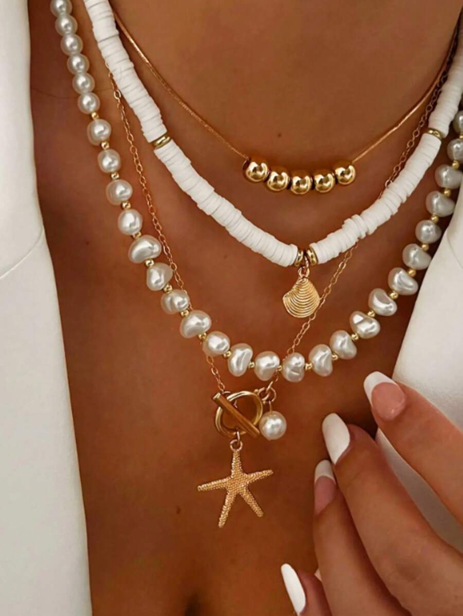 4 pièces/Set Collier à maillons métalliques avec perles fausses et franges, style océan. Collier ras-du-cou étoile de mer en couches. Convient pour un port quotidien. Accessoires de bijoux pour femmes