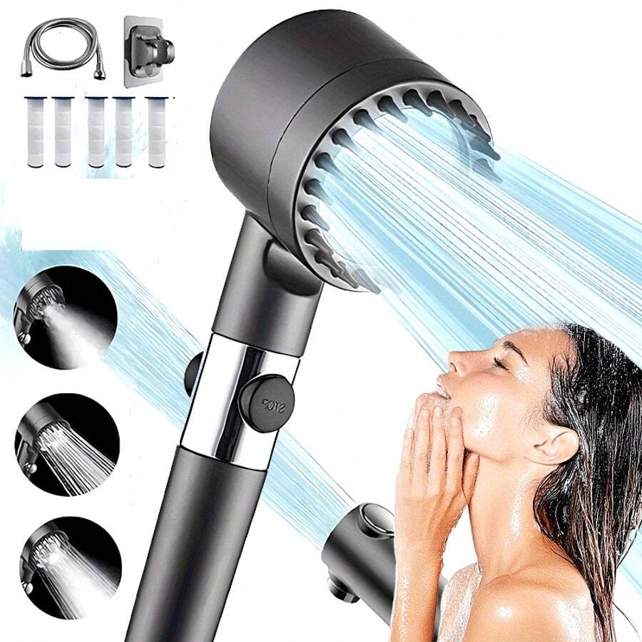 Duschköpfe mit hohem Druck, mit Filter, Duschschlauch und Duschhalterung, 4 Spray-Jet-Modi mit hohem Druck Badezimmer Duschkopf, mit Pausetaste, massierendem Wassersparen, große Dusch-Badezimmer-Accessoires