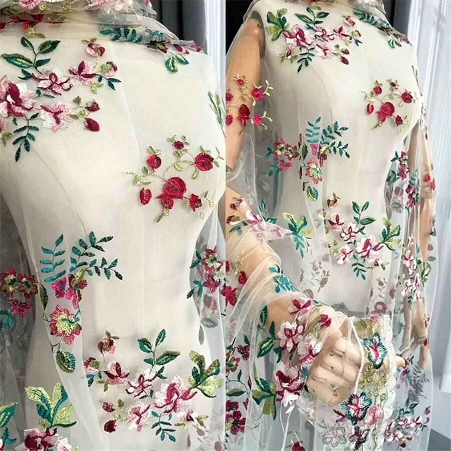 1 Piece Of Soft And Skin-Friendly Mesh Fabric With Colorful Embroidered Floral Lace Embroidery, Designed For DIY Sewing