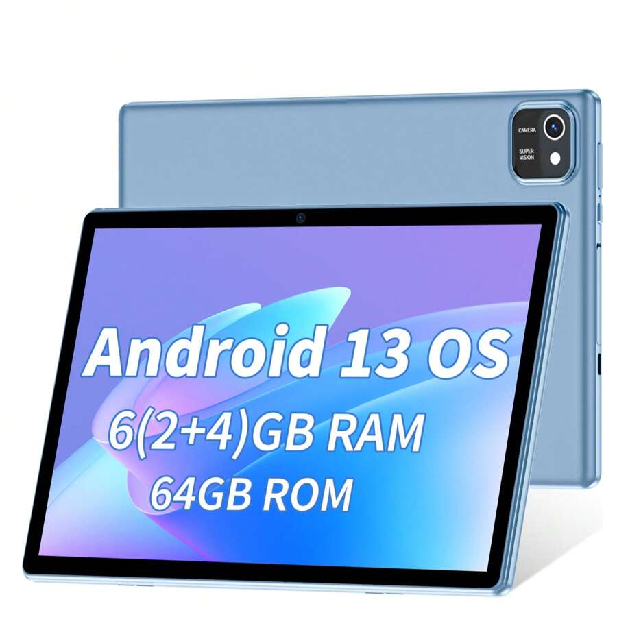 10-Inch Tablet, Android 13 Tablet,1280 * 800 HD IPS Glass Screen, 6000mAh Battery, 2GB RAM 64GB Storage, Case, Parental Monitoring Bluetooth, WiFi, Dual Camera Baby Blue