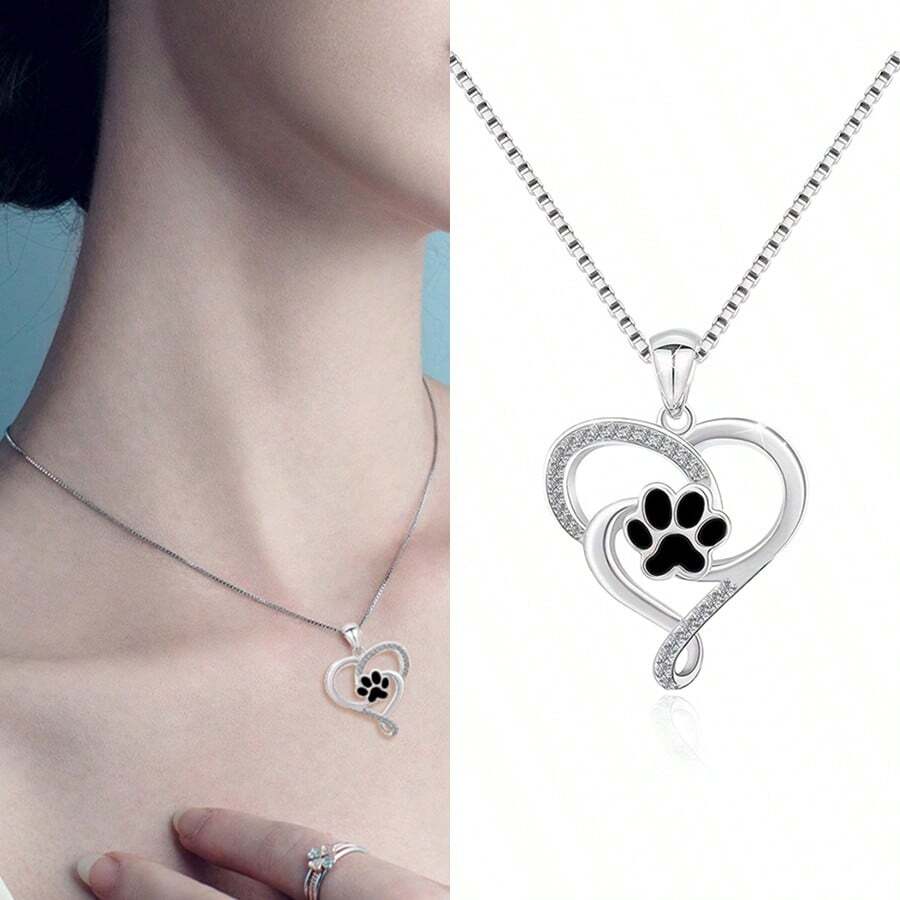 Adjustable Cubic Zirconia Heart & Dog Paw Design Necklace, Allergy-Free Ladies Cute Animal Pendant Necklace Birthday Gift