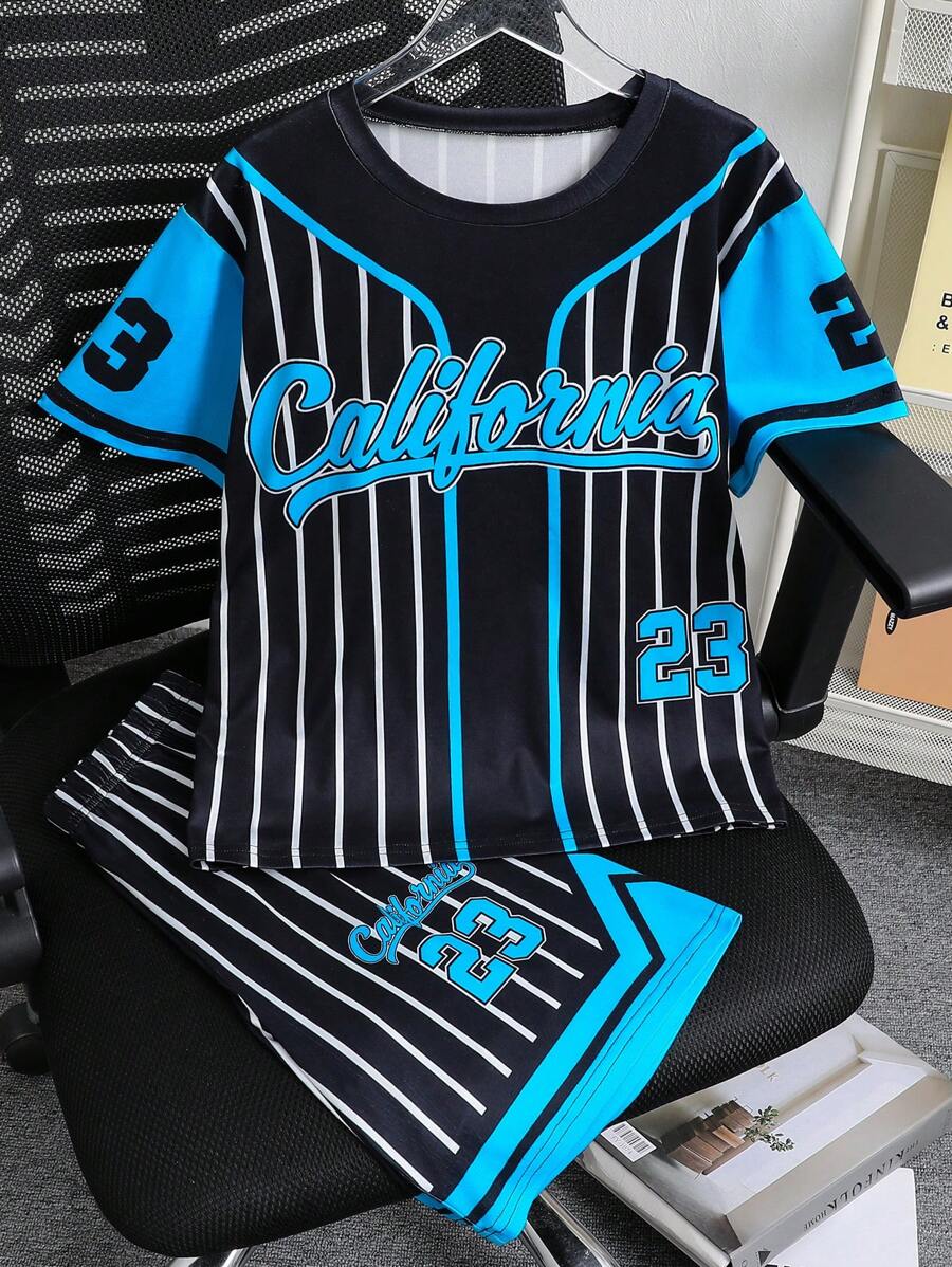 2pcs Boys Outdoor Sports Set, Baseball Jersey Style With 23 Number Letter Calitainia Stripe Print Short Sleeve Top And Shorts, Spring/Summer