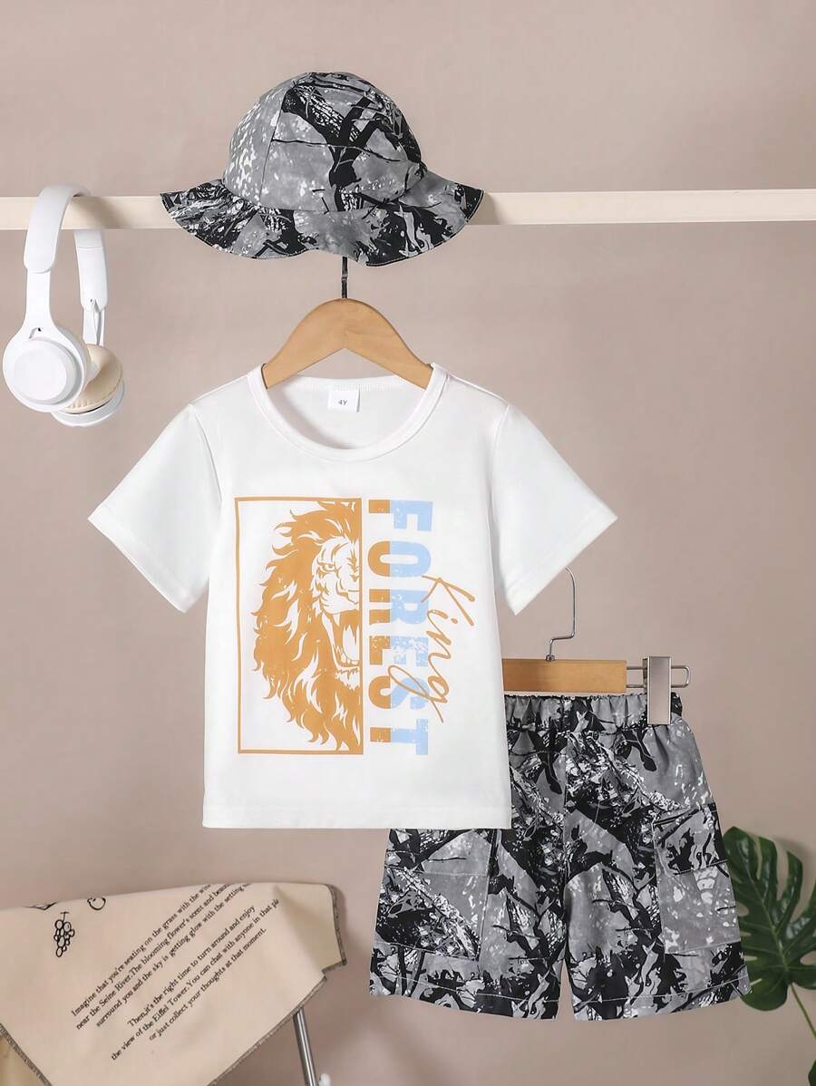 3pcs/Set Young Boys Casual Round Neck Letter & Lion Print Short Sleeve T-Shirt And Cargo Shorts Set, Suitable For Summer Casual Outdoor