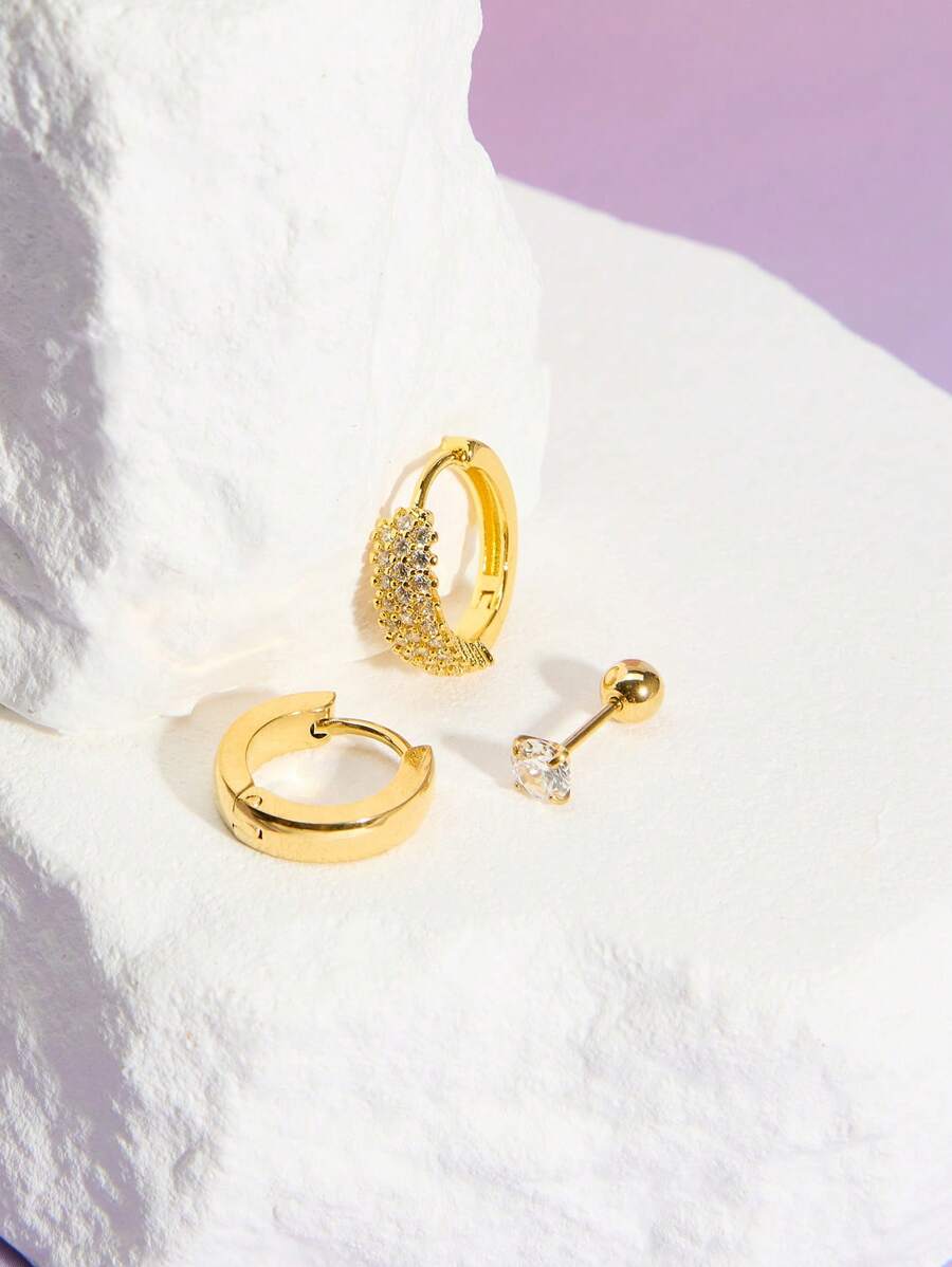 DareSee 3pcs Full Zirconia Inlay Hoop Earrings For Women, Sparkling CZ Stud Earrings 18K Gold Plated Stainless Steel Earrings Set Music-Fest Y2K-Fest Back To School