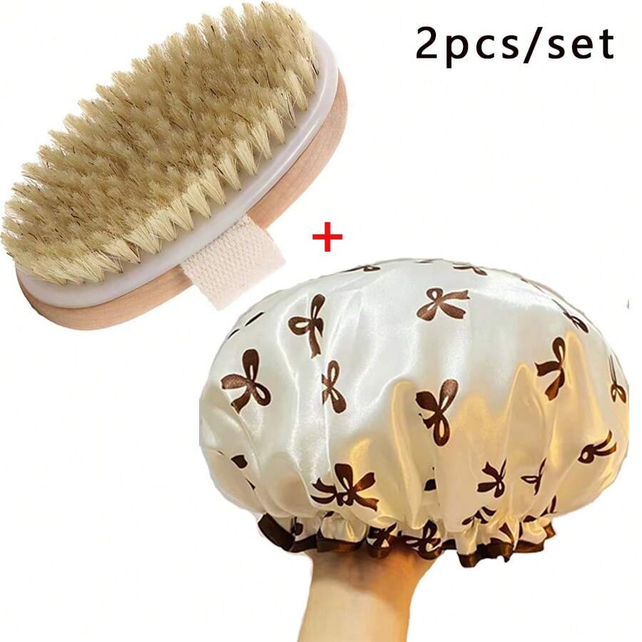 Set de 2 piezas: cepillo seco natural y gorro de ducha doble, gorro de baño impermeable, cepillo de baño de madera de haya para exfoliación - cepillo corporal de mango de madera para un cuidado beige claro y experiencia spa | Elegante cepillo corporal | Base de madera duradera