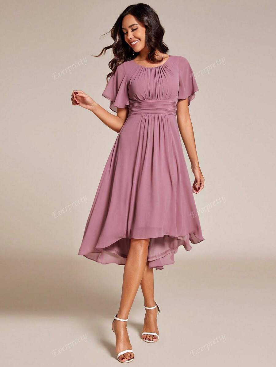 EVER-PRETTY Abito da damigella d elegante con maniche a balze, plissettato, in chiffon con stampa floreale, per cerimonie formali e ospiti di matrimonio