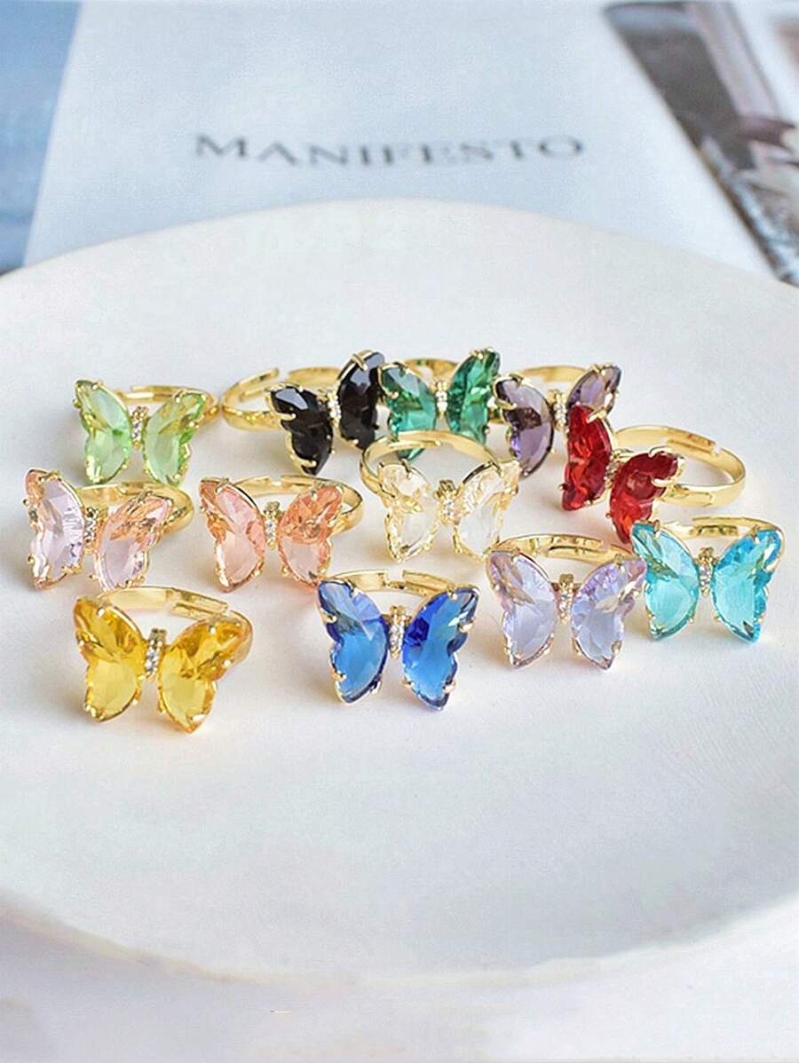 MECYLIFE 1 pieza Anillo ajustable de cristal de colores y mariposa con rhinestones, adecuado para mujeres
