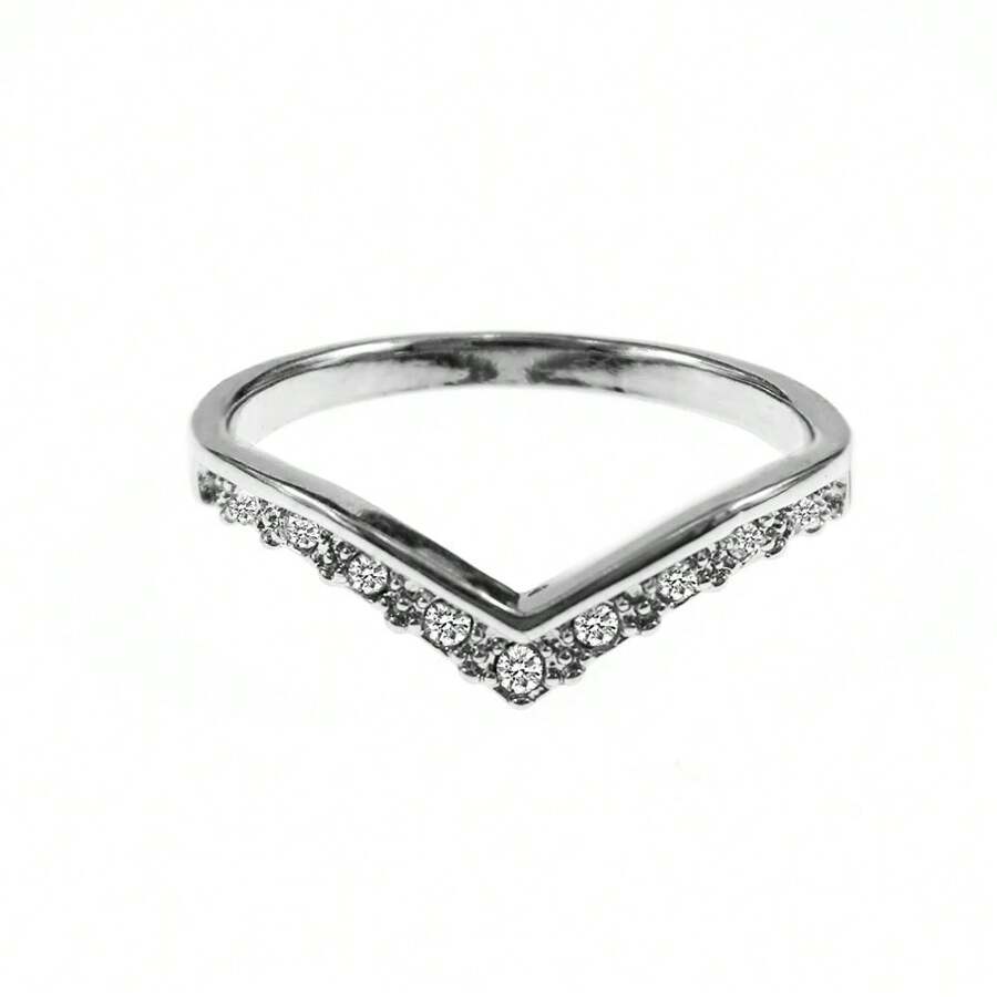 Silver V-Shaped, Micro-Set Zirconia Unique Design Rhinestone Minimalist Ring, CZ Heart Tail Ring, Versatile Zirconia Knuckle Ring, Ins
