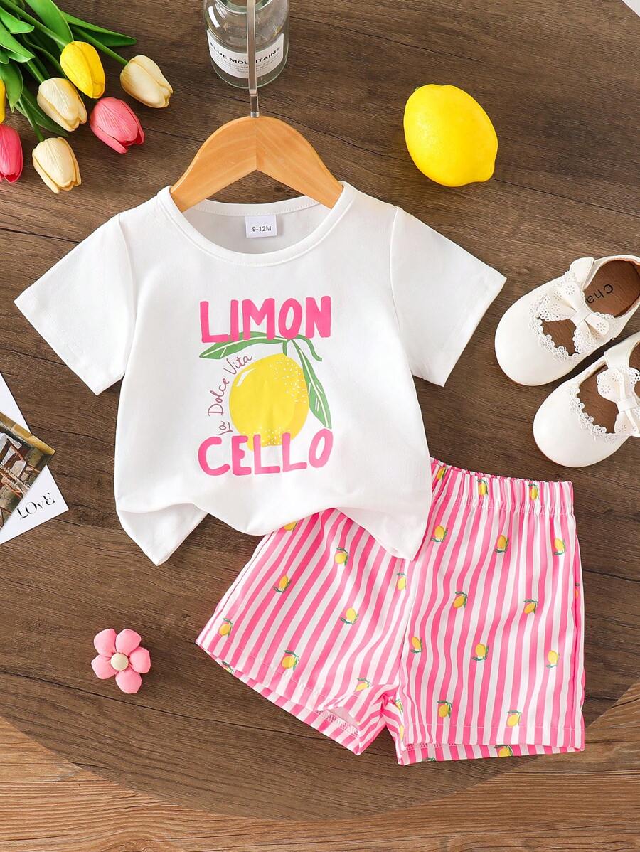 Set de 2 piezas de blusa con gráfico de limón y shorts a rayas para niñas bebé, uso casual de verano diario