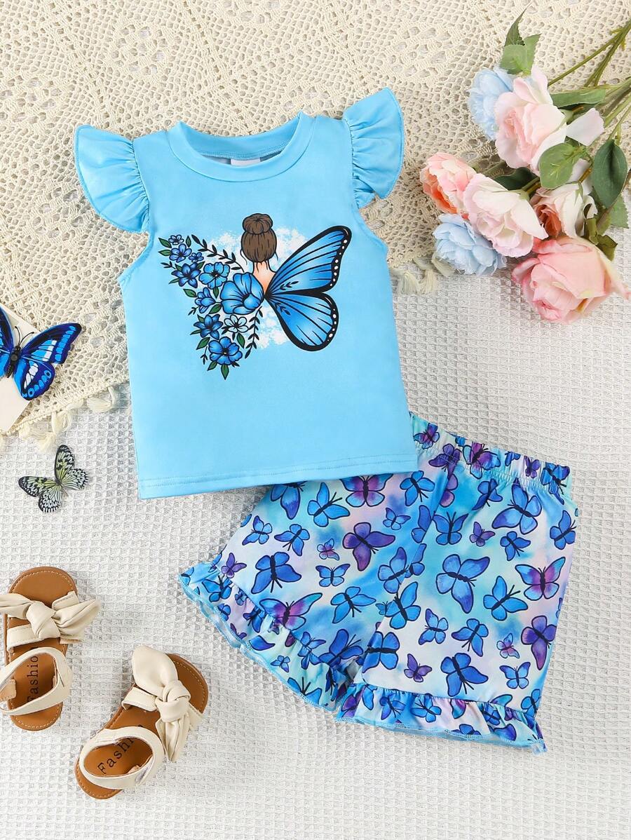 2pcs Toddler Kids Summer Casual Cute Butterfly Print Round Neck Tank Top + Shorts Set