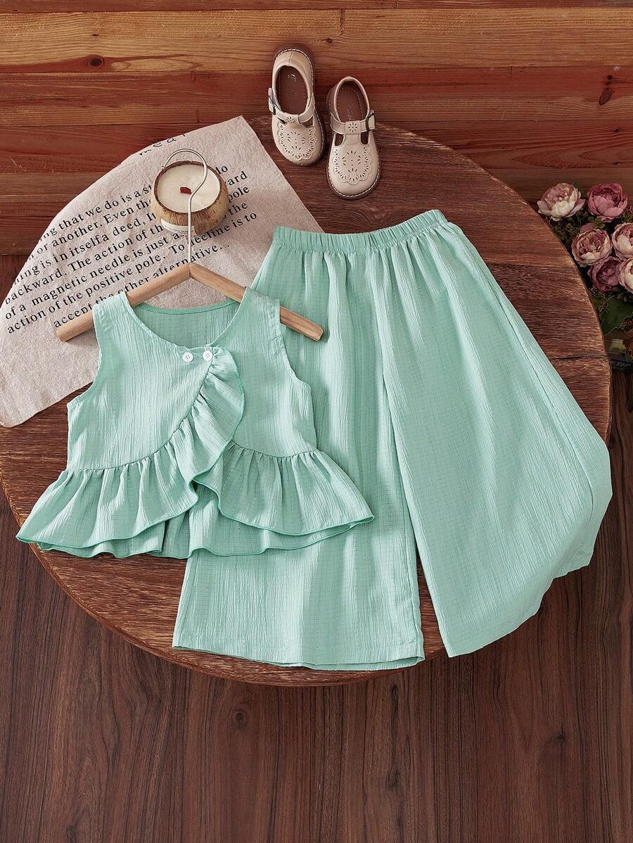 Conjunto elegante de verano para niñas con top de tirantes con volantes y pantalones palazzo de pierna ancha