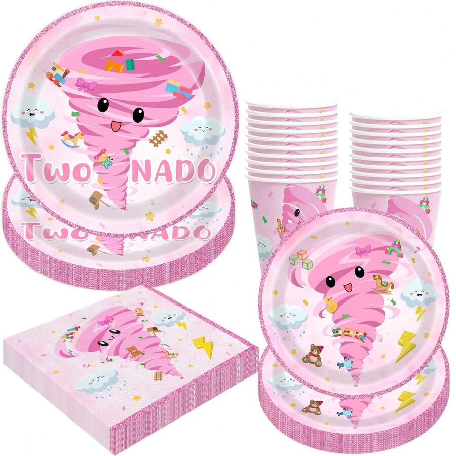 50pcs Tornado Plates Napkins Two Nado Party Supplies Girls 2nd Birthday Tableware Set Two Years Olds Disposable Paper Dinnerware Serves 10