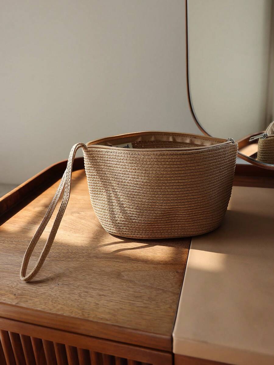 Woven Bag For Spring And Summer, Travel Organizer Bag, Solid Color Woven Storage Bag, Outdoor Portable Casual Beach Tote Handbag, Cosmetic Bag
