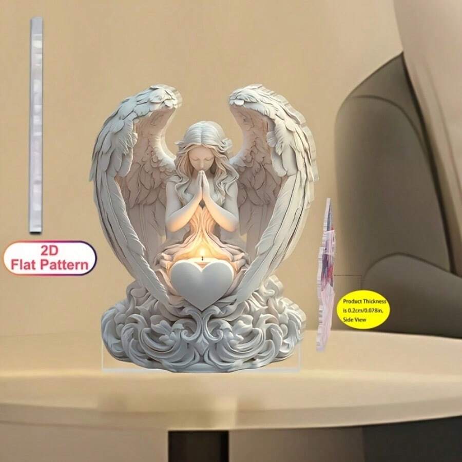 Décoration de bureau romantique en acrylique plat 2D, ange à la bougie - convient pour le salon, la famille, le bureau, le comptoir de magasin, la décoration pour les fêtes. Le choix parfait pour prier pour la famille et les amis.