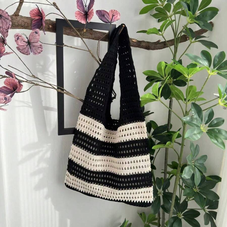 1 New Luxury Crocheted Tote Bag For Women, Open Weave Black & White Striped Contrasting Color Large Capacity Foldable Beach Bag, Suitable For Summer Beach Travel And Single's Party Gifts