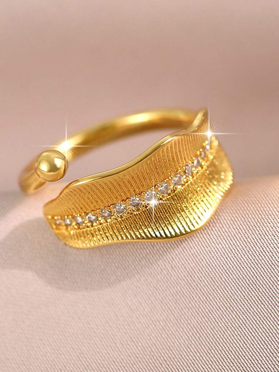 1 Peça Anel Feminino Elegante com Folha de Zircônia Cúbica Dourada, Formato Irregular, Presente de Aniversário, Encontro, Uso Diário, Feriado, Viagem, Joia de Anel