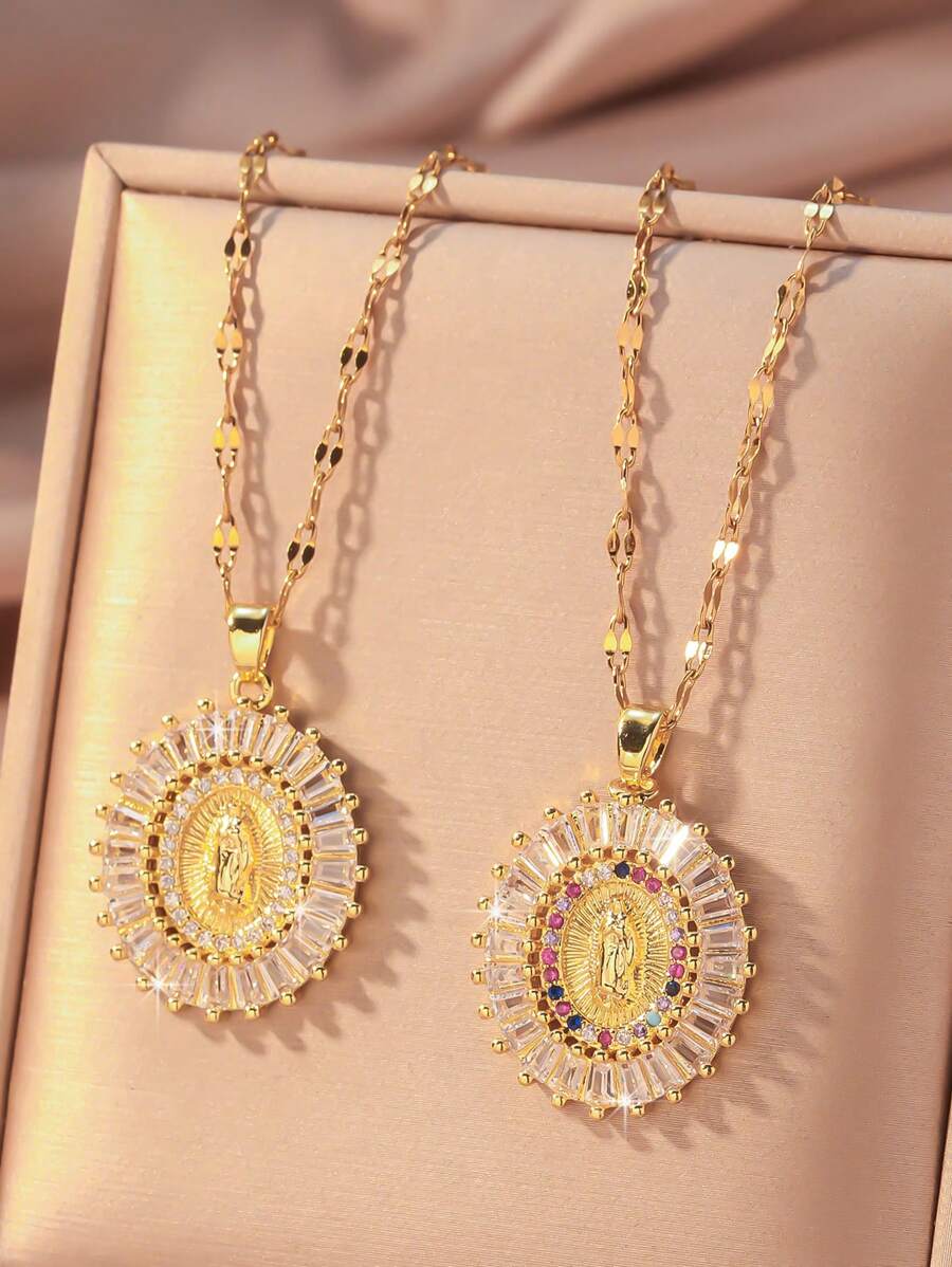 1 pièce Collier pendentif Vierge Marie de croyance religieuse à la mode européenne et américaine avec incrustation de zircone colorée, collier ras du cou pour femmes