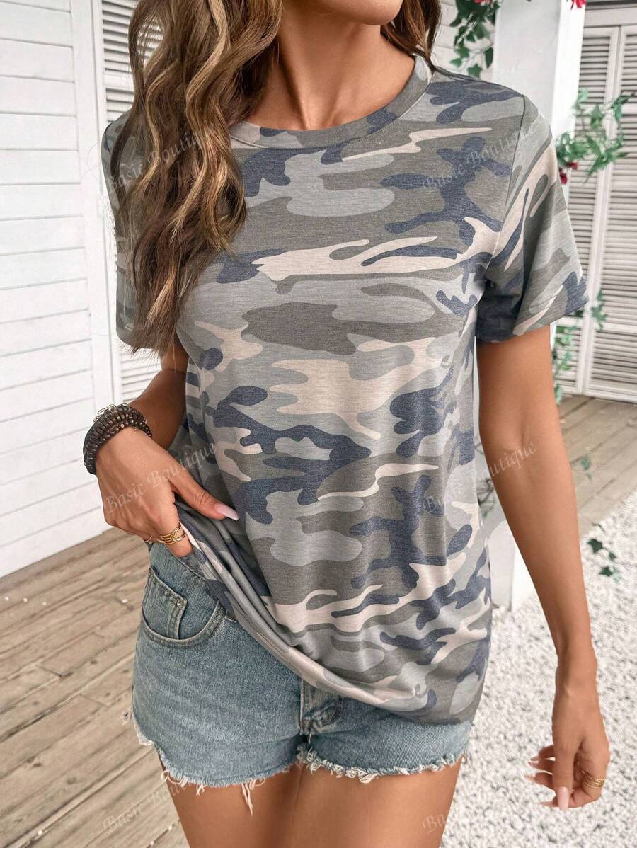 Camo Print Crew Neck Short Sleeve Tee For Women Casual Loose Summer Top