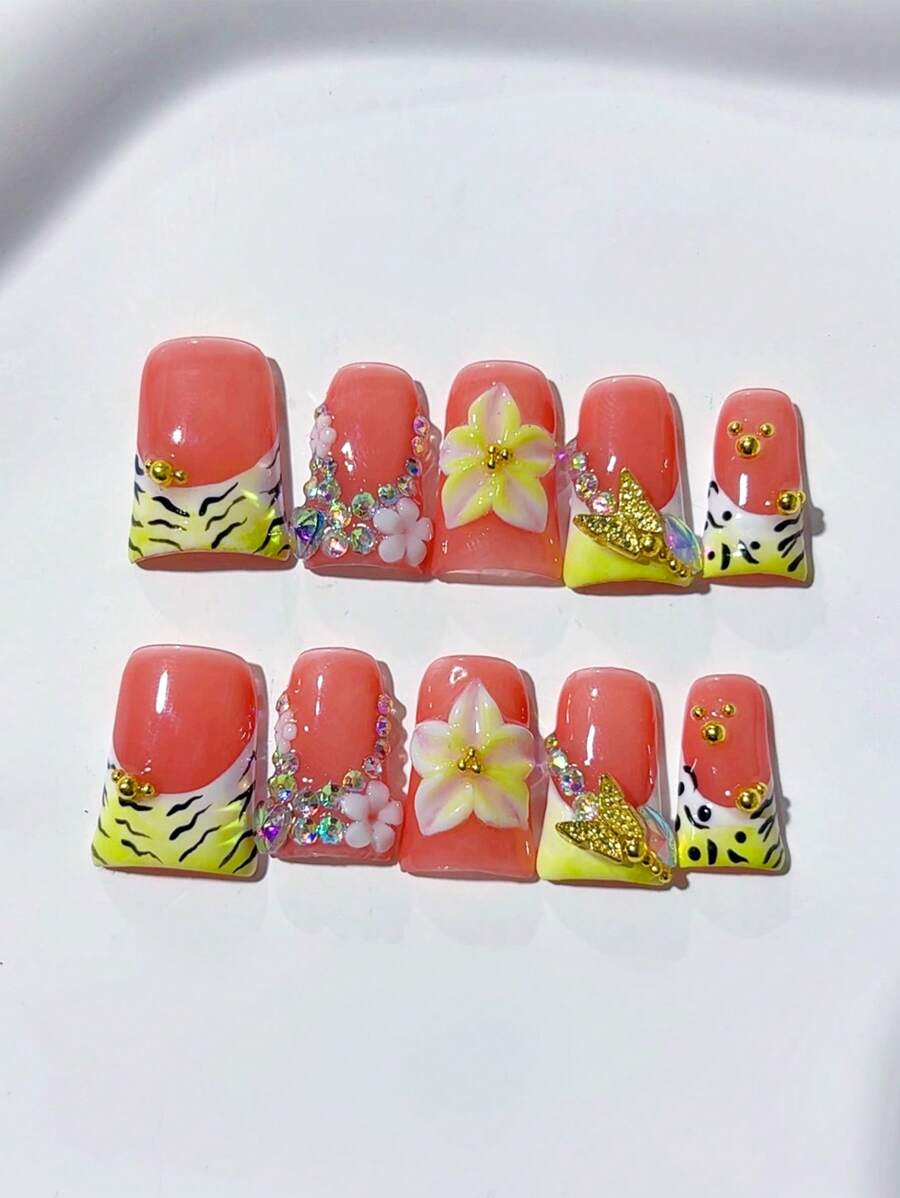 10 peças de unhas francesas nude estilo bico de pato feitas à mão; verde degradê, estampa de zebra, flores estendidas, borboleta dourada, decoração de diamante; unhas postiças de acrílico para unhas postiças caseiras; adequadas para feriados, festas e uso diário; inclui 1 folha de cola gelatinosa e 1 mini lixa
